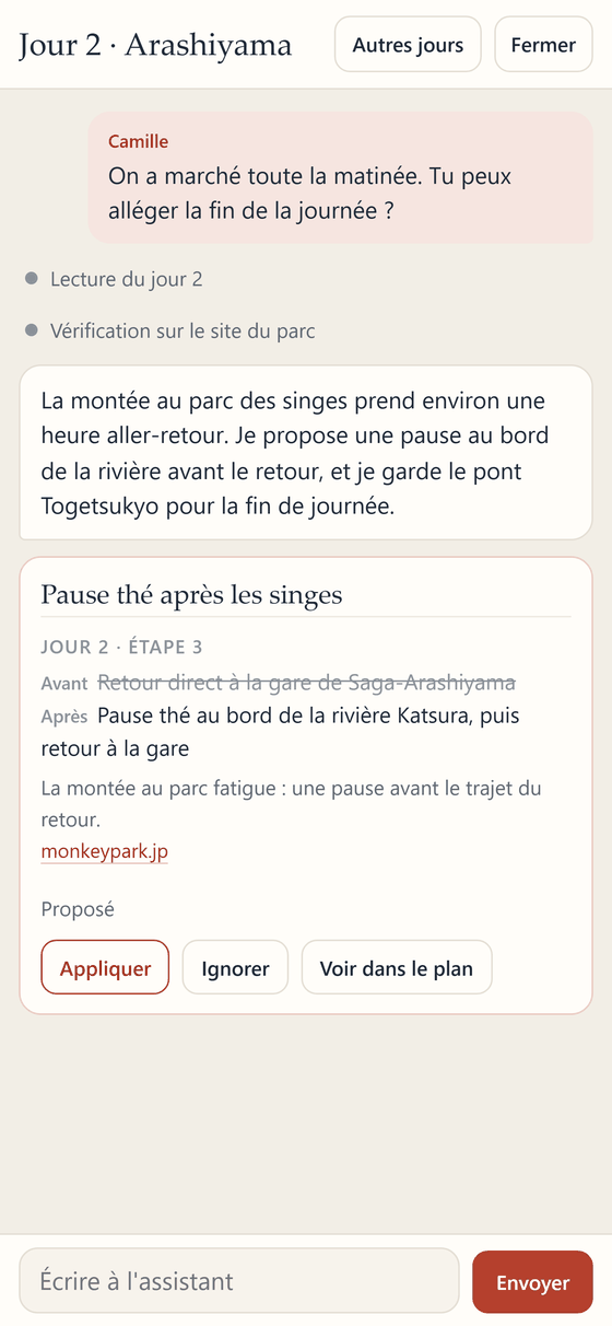 Capture d'écran : l'assistant propose de remplacer une étape, avec la raison, la source et les boutons Appliquer et Ignorer