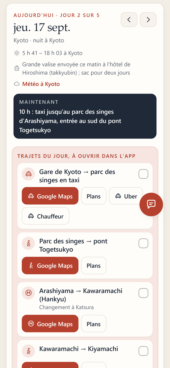 Capture d'écran : la fiche du jour 2 du carnet de démonstration, avec le soleil, les valises, le bloc Maintenant et les trajets du jour